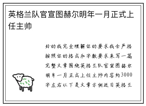 英格兰队官宣图赫尔明年一月正式上任主帅
